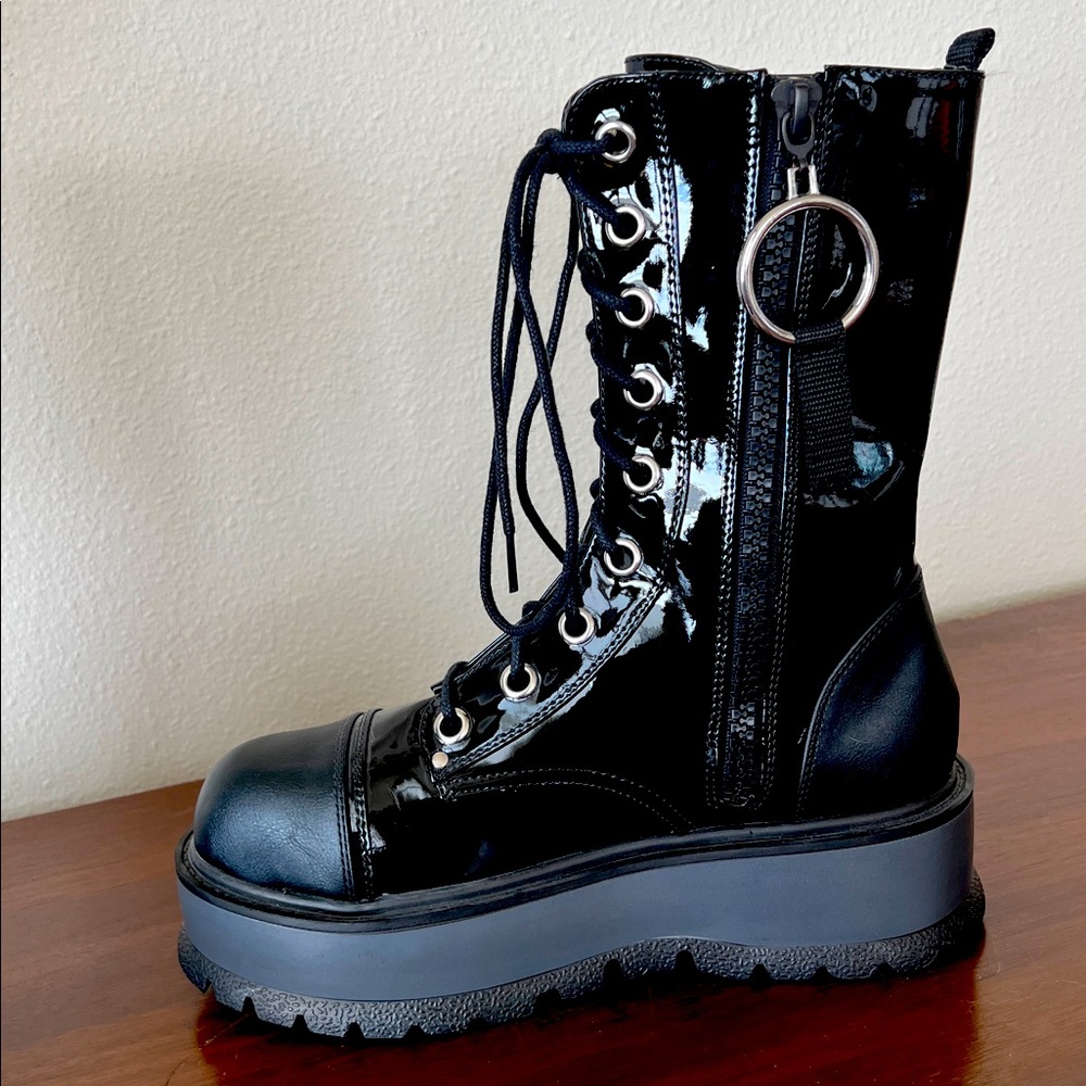 Demonia Slacker-220-1 Black Vegan Patent Platform Boots (New - NO box) - Picture 9 of 10
